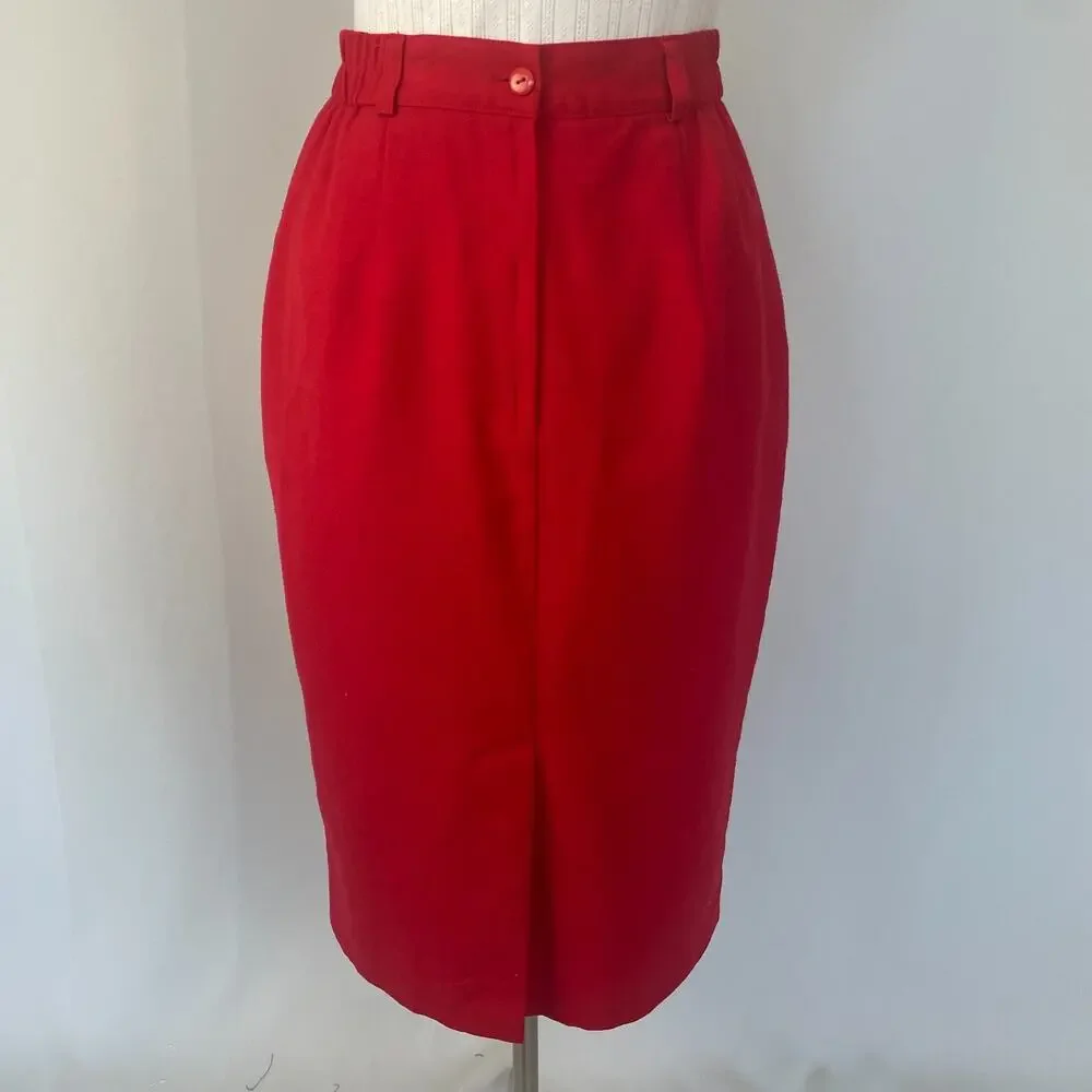 Vintage Pencil Skirt Size 12 Red Solid High Rise Midi Minimal Retro Career 90s